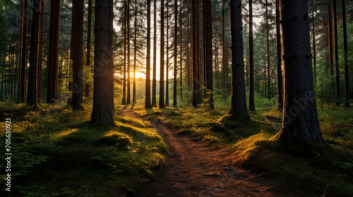 Beautiful Sunset Sunrise Sun Sunshine In Sunny Summer Coniferous Forest. Sunlight Sunbeams Through Woods In Forest Landscape. Panorama Panoramic View