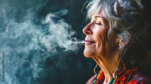 Mature lady finds peace while enjoying a medicinal-blunt. photo