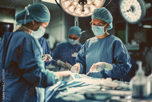A team of surgeons performing an operation in a well-equipped operating room, captured in sharp detail.