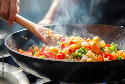Close-up of a chef preparing a colorful and healthy vegetable stir fry in a hot wok on a stove.