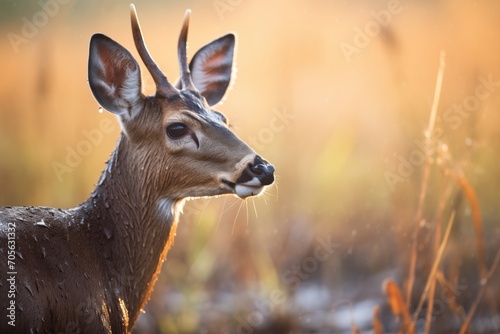 dew-covered bushbuck in the early morning light