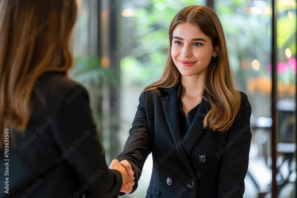 A young businesswoman smiling confidently during a handshake at a professional business meeting.