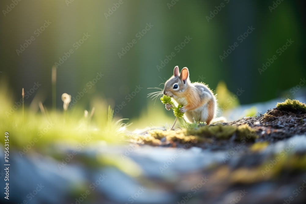 sunlight on chipmunk as it carries pine cone to burrow sunlight on chipmunk as it carries pine cone to burrow