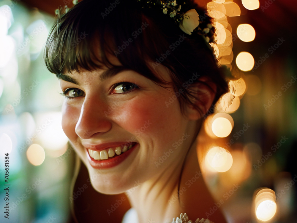 Beautiful young smiling bride with floral wreath