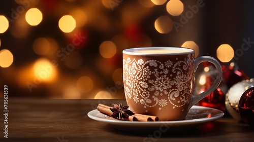 Coffee or hot chocolate mug next to the Christmas fir cones with a backdrop of Christmas lights, Generative AI.