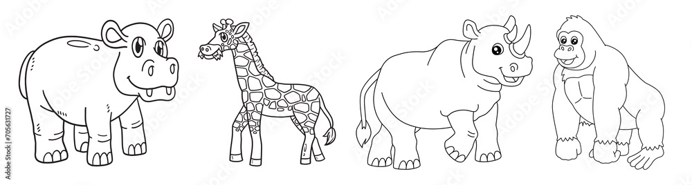 Safari animals friendly cartoon characters collection from Africa. giraffe, elephant, rhino and hippoo friends. Black outline coloring book vector illustrations