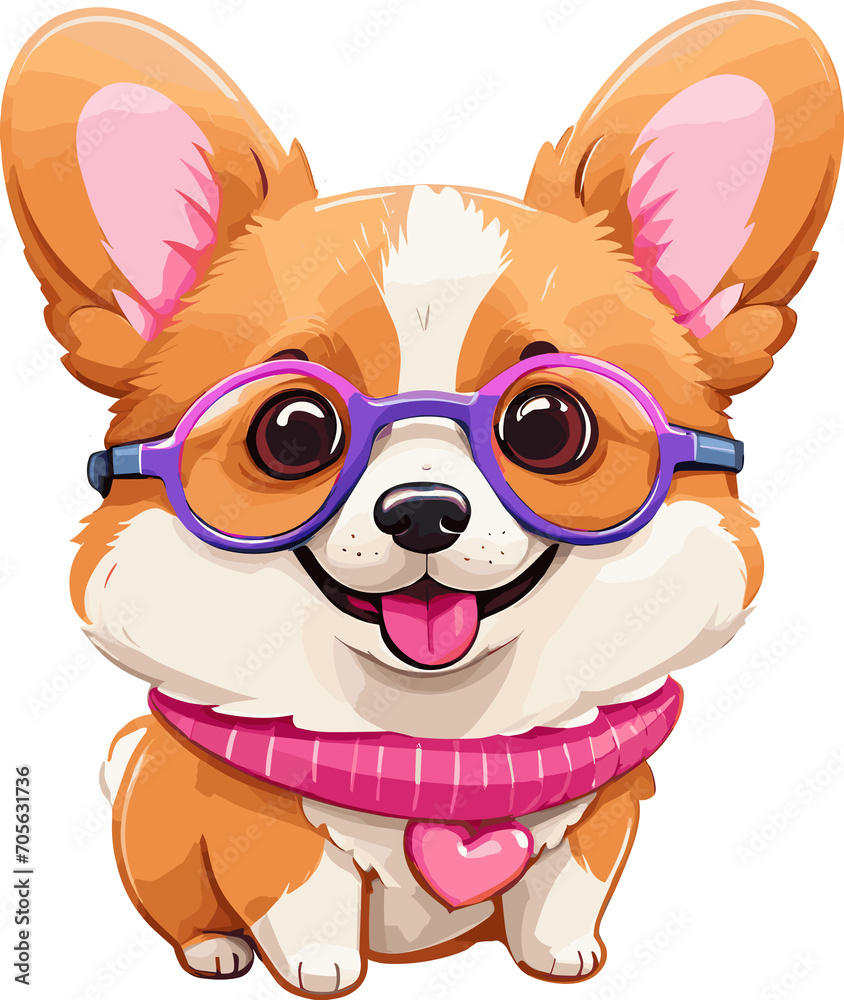 Fototapeta premium Adorable Corgi Puppy in glasses and scarf illustration on transparent background png, cartoon clipart for nursery, children's book, party, kid-friendly character, baby shower, dog lover, whimsical