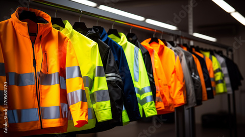 High visibility safety coats and jackets, personal protective equipments, for sale outside, fluorescent colors. Selective blur on high visibility safety coats and jackets, personal protective, Ai
