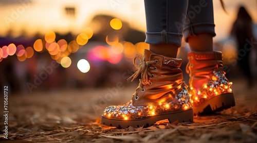 Dancers at a festival, their feet in their shoes as they move to the orange sunset, Generative AI.