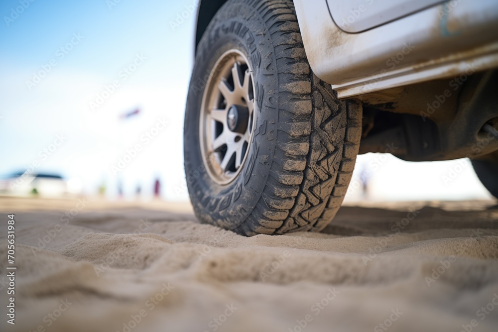 close-up of rally tires on sandy surface