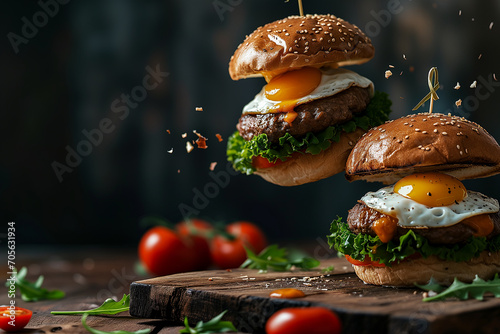 Burger levitation on a black background. Burger with flying elements. Delicious burger with flying ingredients isolated on black background. Flying Burger Slices. Flying burger ingredients above grill photo