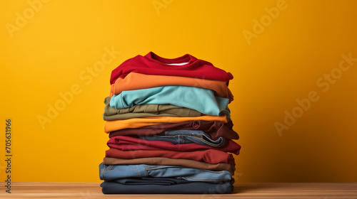 pile of colorful clothes, Stack colorful cotton clothes on table empty space background, Stack of clothes empty copy space , Ai generated image photo