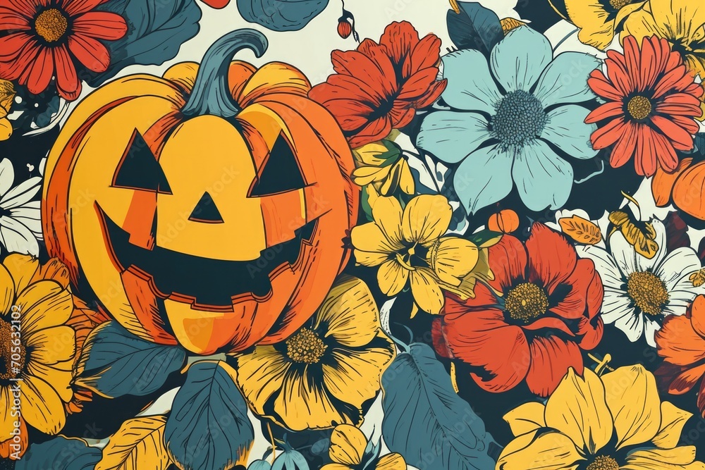 Fototapeta premium A Halloween pumpkin sits atop a colorful bed of flowers. This image can be used to add a festive touch to Halloween-themed designs or as a vibrant element in fall-themed projects