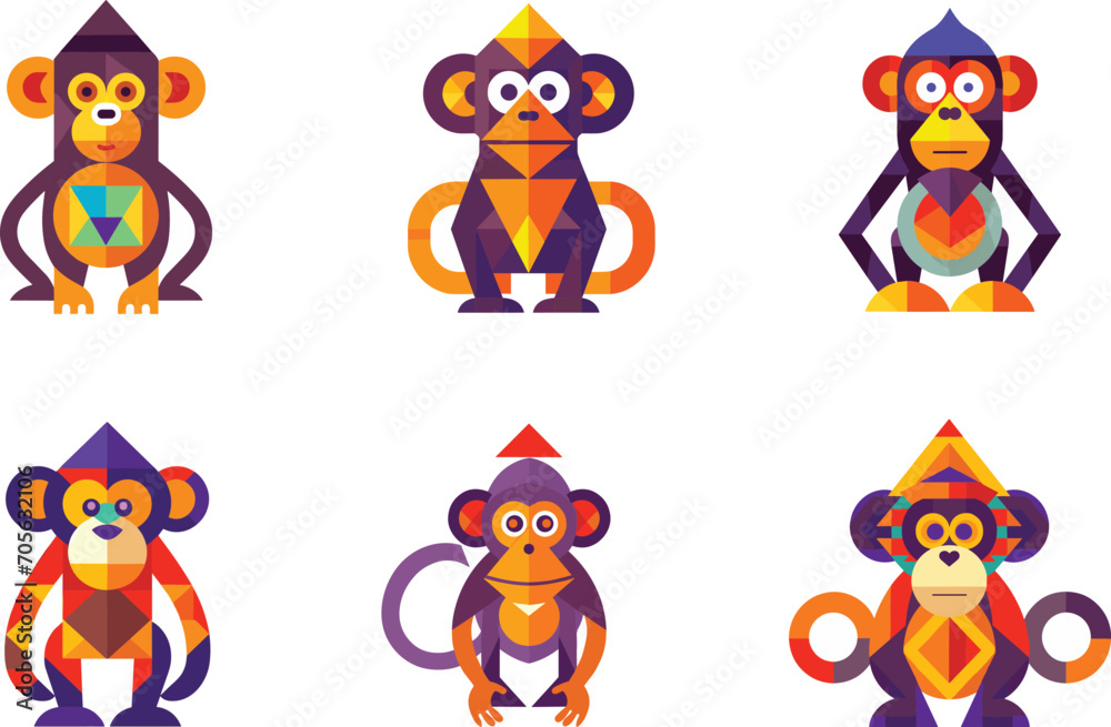 Six colorful monkeys are displayed in a bold vector illustration.