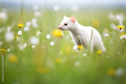 ermine foraging in a field with wildflowers photo