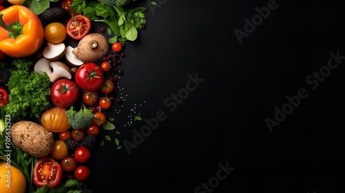 Fresh colorful fruits and vegetables with a vacant space in the backdrop of black, top view, Generative AI.