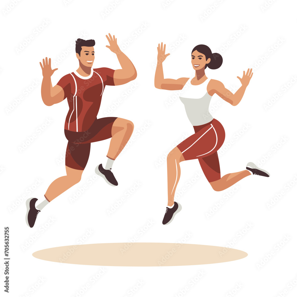 Young man and woman jogging with happy expressions, sports outfits. Fitness couple running, healthy lifestyle concept vector illustration.