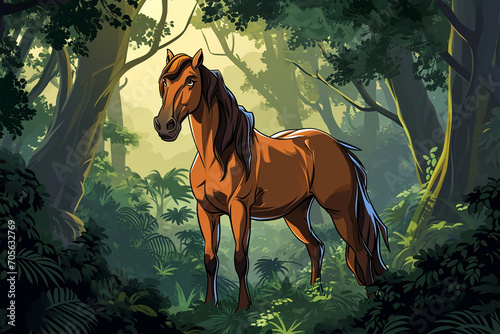 cartoon style of a horse in the forest