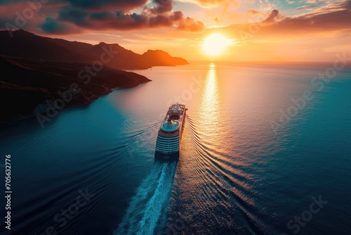 cruise ship in tropical paradise drone shot with sunset  #705632776