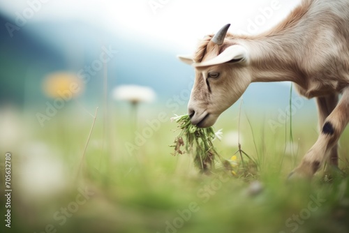 alpine goat sampling a flower in the meadow