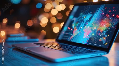 Laptop with colorful abstract visualization on the screen