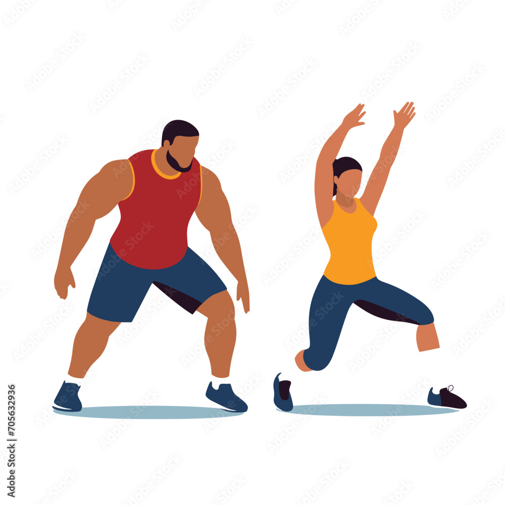 Man and woman exercising together, fitness duo stretching, diverse body types training. Workout partners, active lifestyle vector illustration.