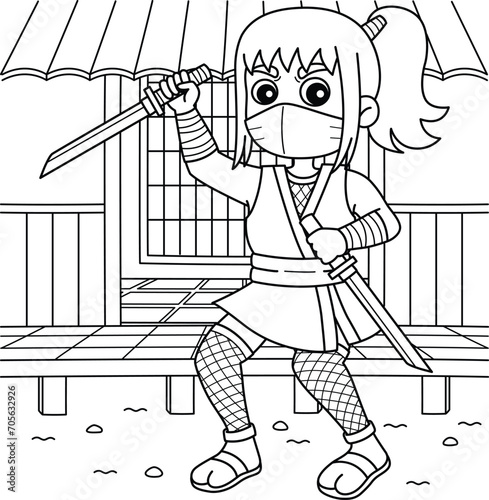 Ninja kunoichi with Two Short Katanas Coloring 
