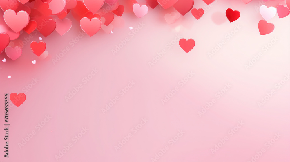 Valentines Day pink background with red and pink flying hearts. Greeting card, Copy space