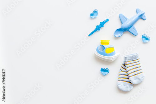 Gender party - boy or girl - blue baby boy accessories, top view