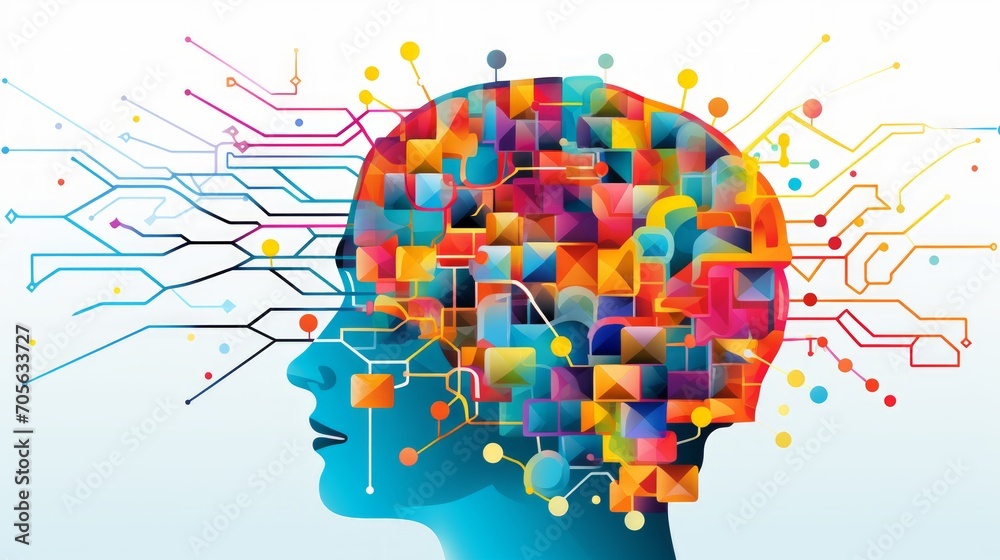 Mosaic-style illustration of the human brain, composed of puzzle pieces, complexity and diversity of neural networks concept.