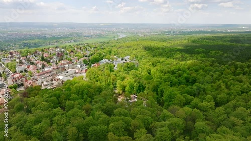 Aerial flight over the green Dresden Heide with the district of Dresden Loschwitz in summer. photo