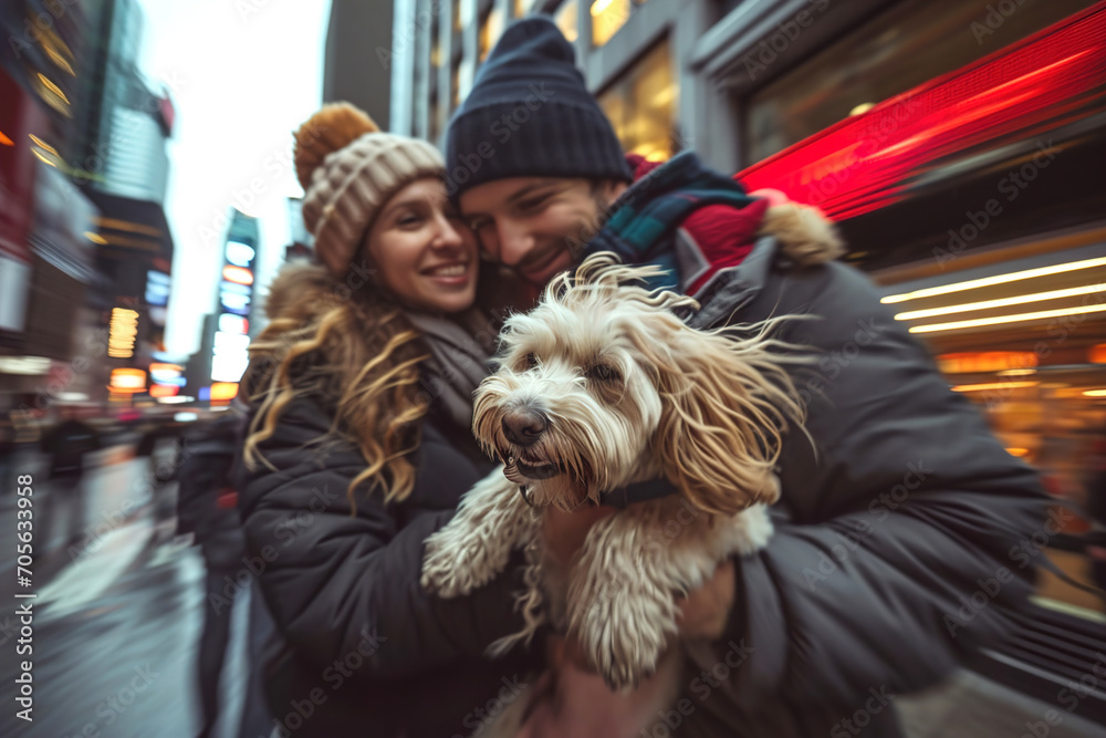 Obraz premium A young woman hugs a dog on the street in a big city.
