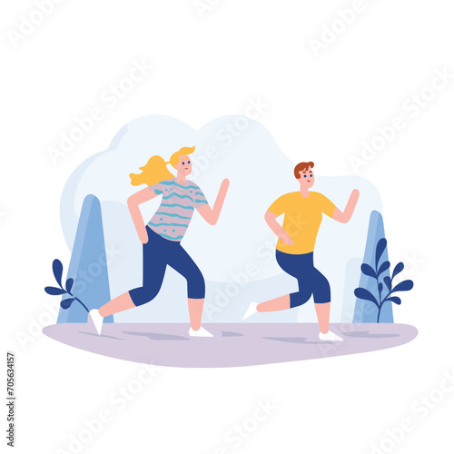 Young man and woman jogging together outdoor. Fitness couple running in the park. Health, sport, and active lifestyle concept vector illustration.