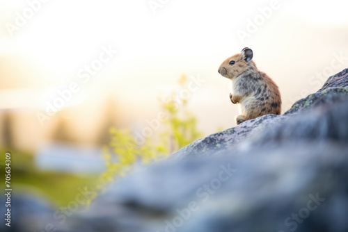 pika silhouetted on rock edge calling