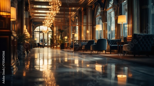 Interior of a luxury hotel corridor with bokeh light that is blurred and appropriate for design, Generative AI.