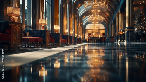 Interior of a luxury hotel corridor with bokeh light that is blurred and appropriate for design, Generative AI. © Electric Wolf