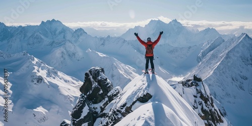 A man standing on top of a snow covered mountain. Ideal for adventure, nature, and outdoor themes © Fotograf