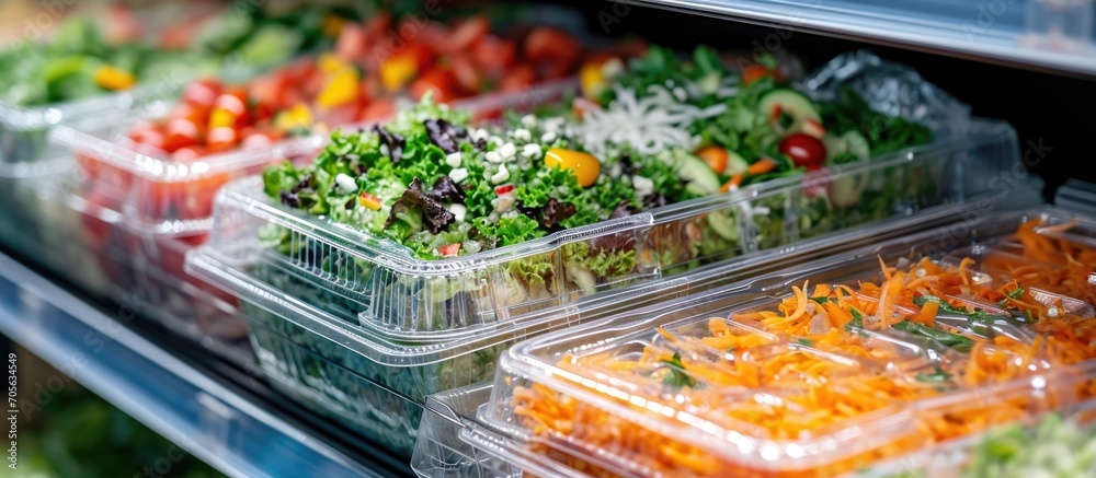 Pre-packaged salads in plastic boxes sold in a fridge for commercial purposes. Pre-packaged salads in plastic boxes sold in a fridge for commercial purposes.