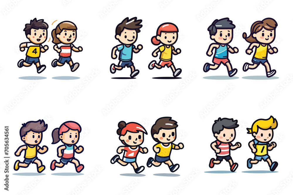 Cute cartoon kids running in race, children in sportswear participating in running event. Active children sports day concept. Child athletes competition vector illustration. Cute cartoon kids running in race, children in sportswear participating in running event. Active children sports day concept. Child athletes competition vector illustration.