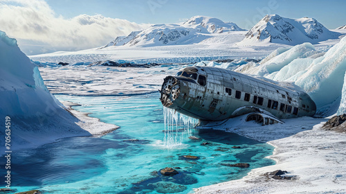 Wreck of crashed airplane in middle of Arctic or high mountains, airplane sitting in snow-covered field near pond of melted snow.