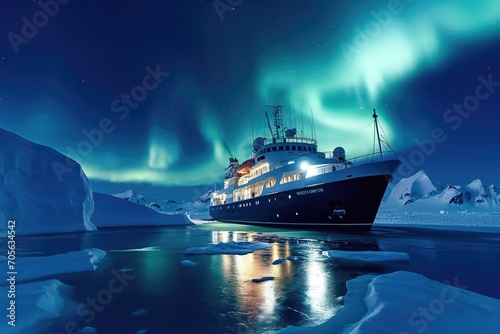 expedition cruise ship north pole cold ice berg northern lights in sky  photo