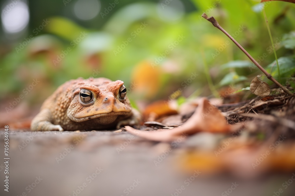toad in the shaded undergrowth of a wooded area