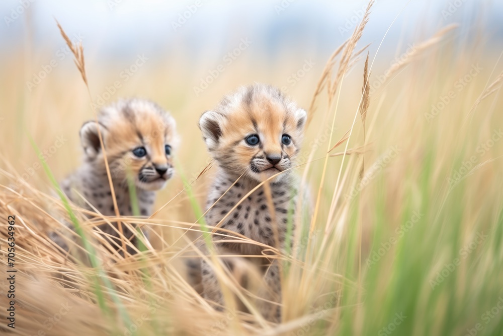 Obraz premium cheetah cubs playing amidst grassy knolls