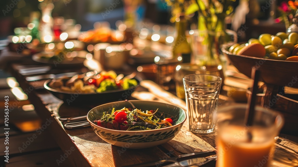 A table set with food and drinks in warm light