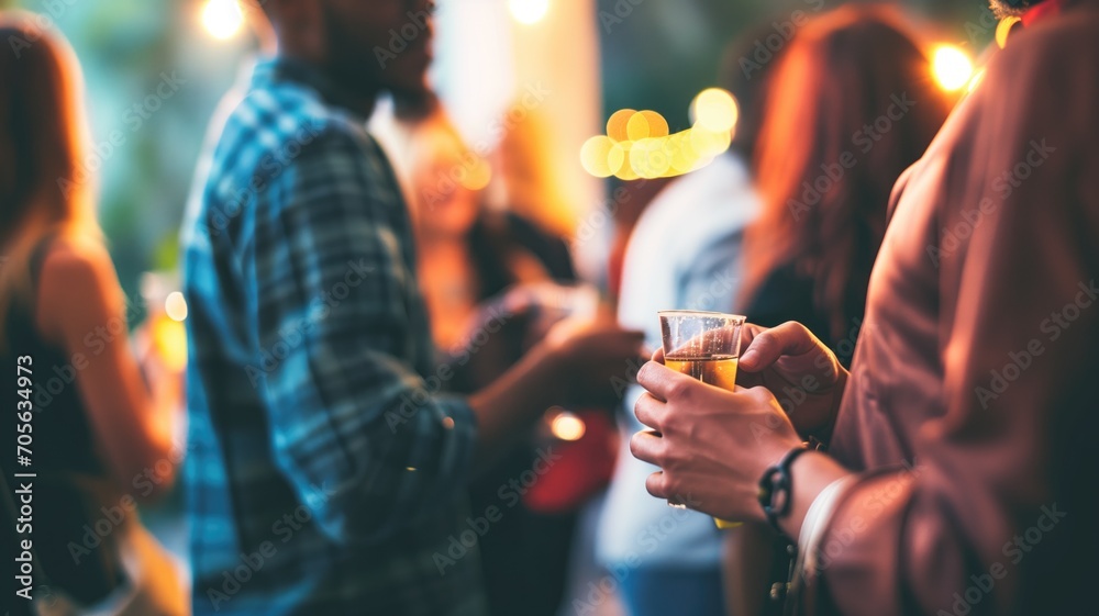 People socializing at an outdoor evening party with drinks - obrazy, fototapety, plakaty 