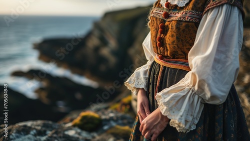 Person in traditional folk dress by the coastline at sunset