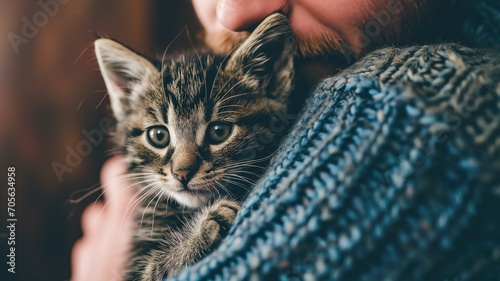 Close-up of a kitten being held, peeking over a person's shoulder photo