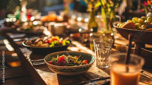 A table set with food and drinks in warm light