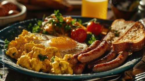 A delicious plate of breakfast with eggs, sausage, and toast. Perfect for a hearty morning meal photo