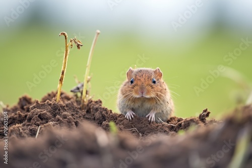 vole perched on a mound of earth in a field photo